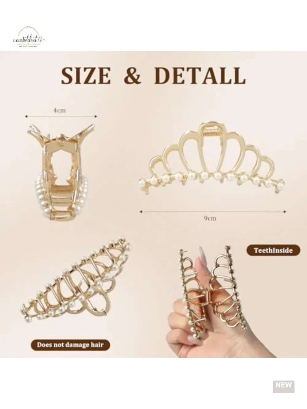 4 Pack Gold Metal Hair Claws with Pearl Embellished Strong Hold Hair Clips